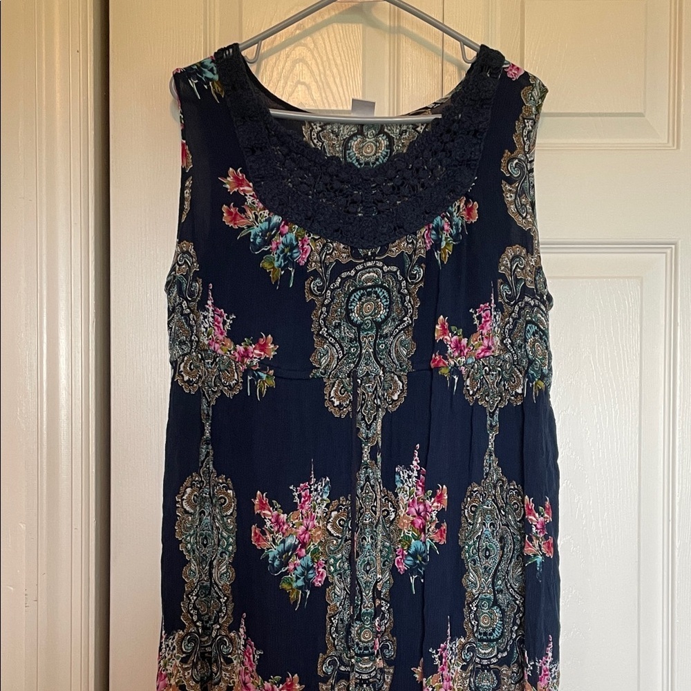 Bila XXL maxi dress sleeveless crochet neckline ruffle bottom floral navy flowy